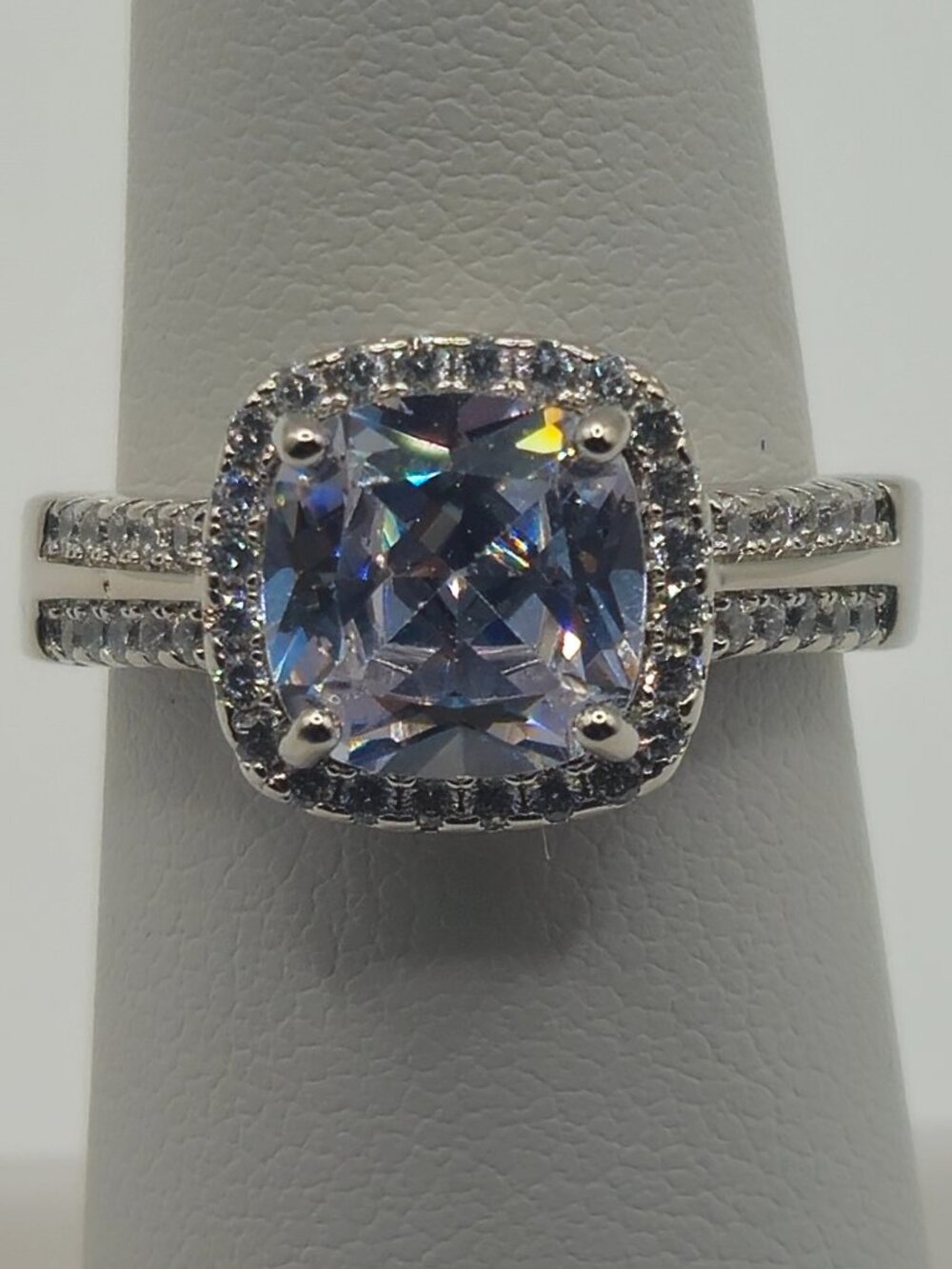 Cushion Cut CZ Halo Engagement Ring S925 Sterling Silver Size 5.5